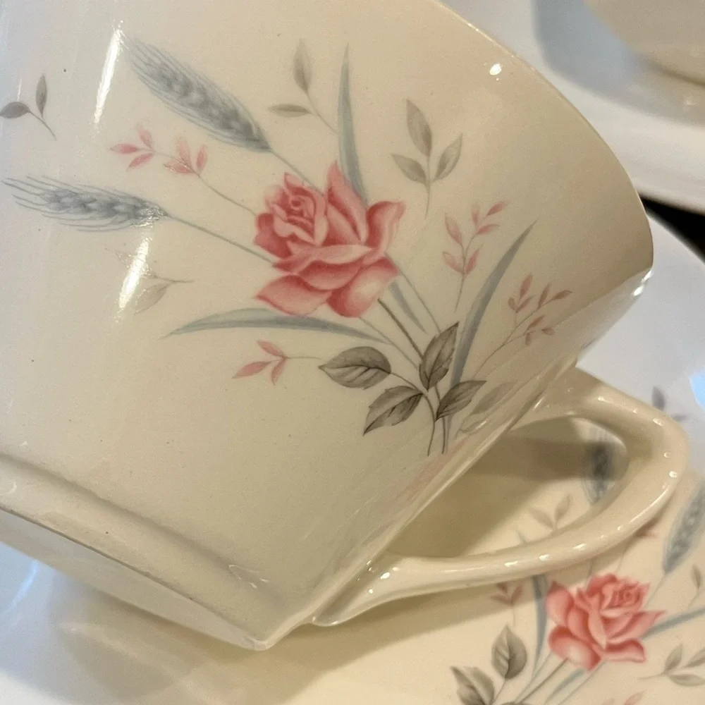 Vintage California Pottery USA Tea Cup and Saucer Pink Rose Grey Wheat Pattern